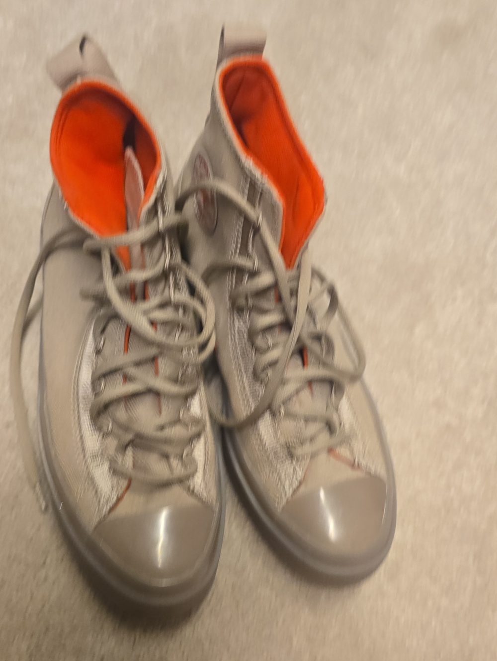 Unisex Neutral Tan/Taupe High-Top Converse Sneakers with Orange Lining